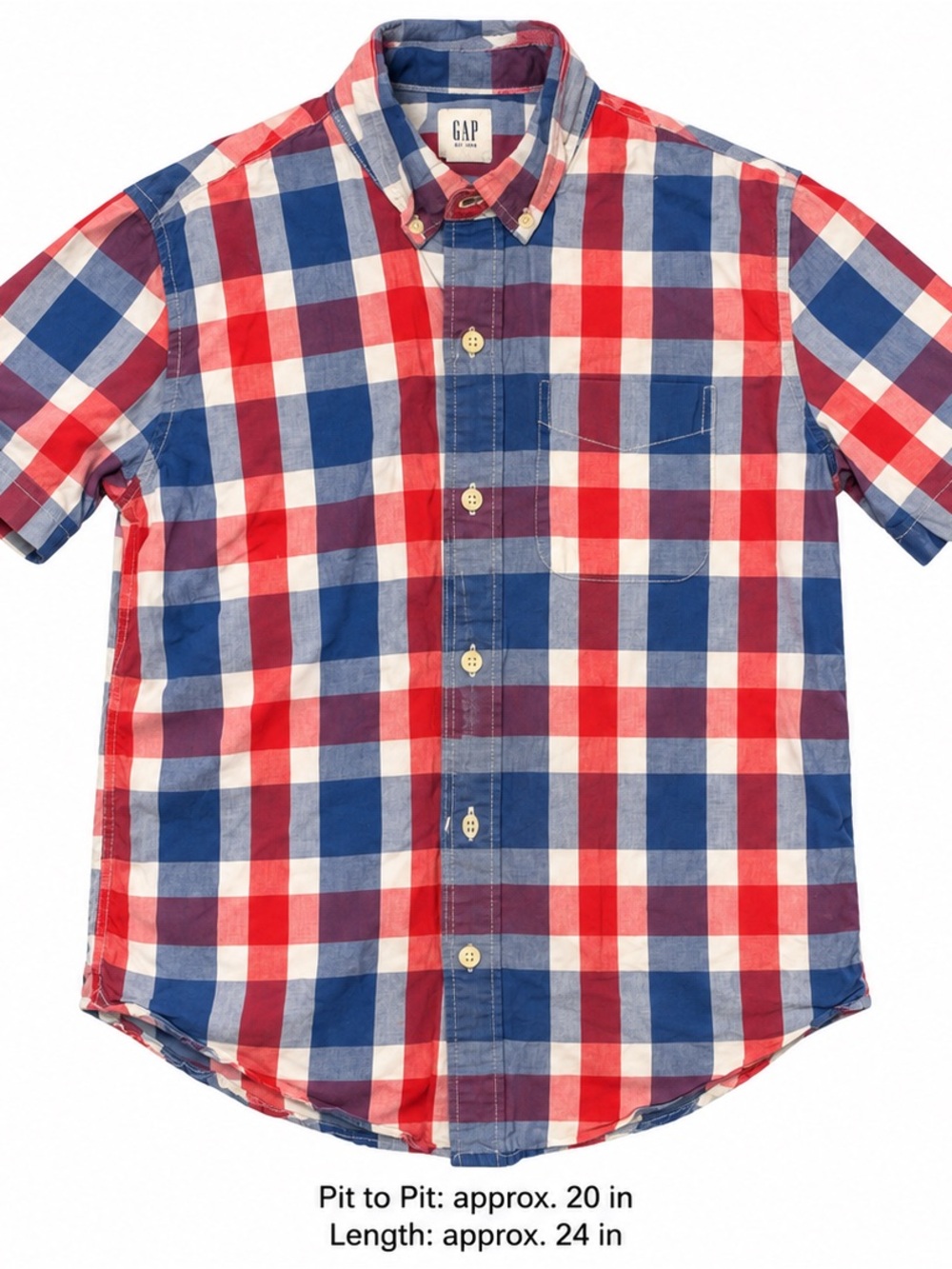 GAP Kids Boys Large Plaid Short Sleeve Button Down Shirt Red Blue White